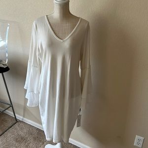 Calvin Klein sweater dress with sheer bell sleeves. (Elbows to wrist)